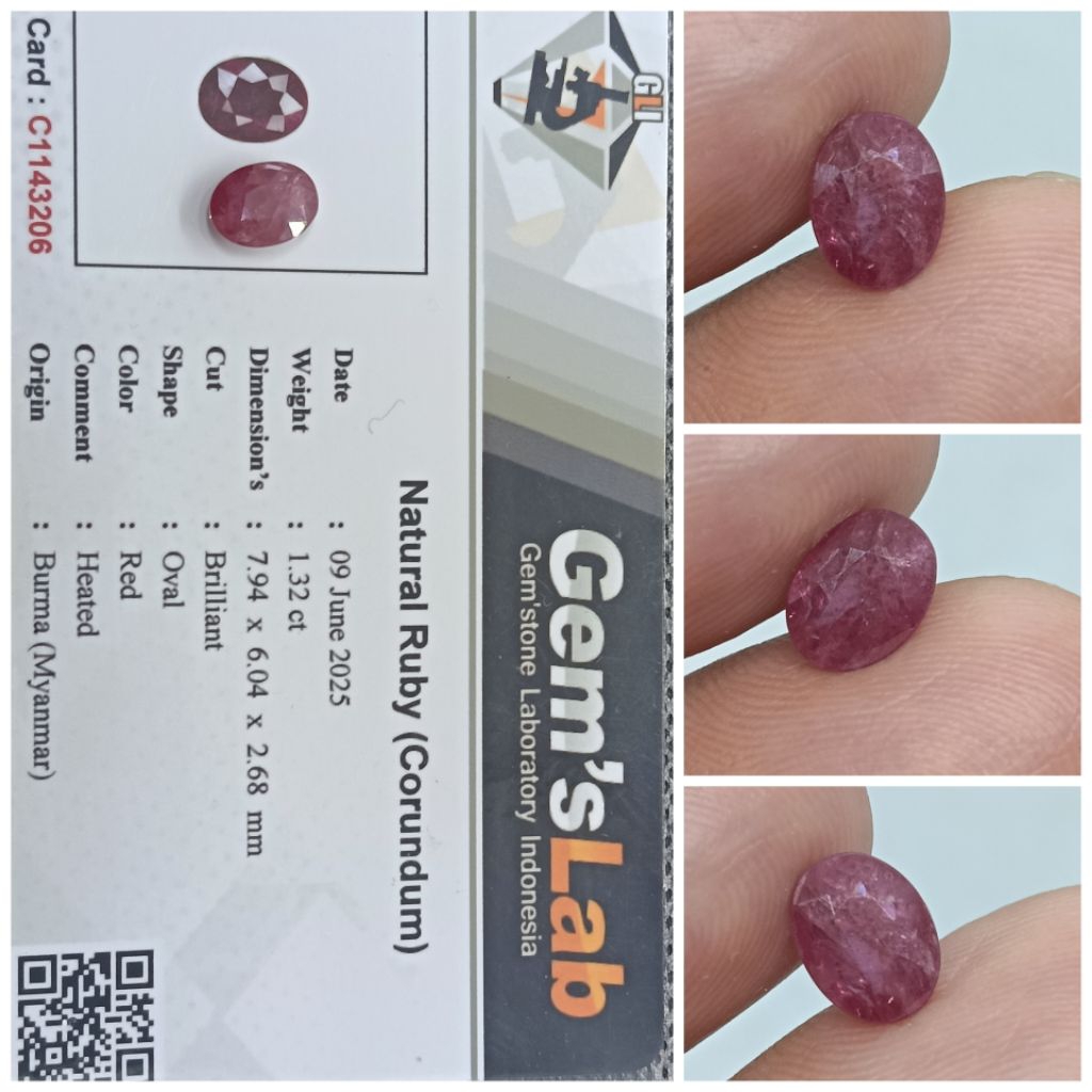 Natural Red Ruby Burma 1,3ct memo GLI Rubi Kristal