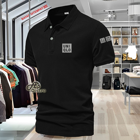 Baju Distro Style Polo Kerah Uniqlo + Lengan Text Silver Kaos Polo T Shirt Denim Premium Quality Ata