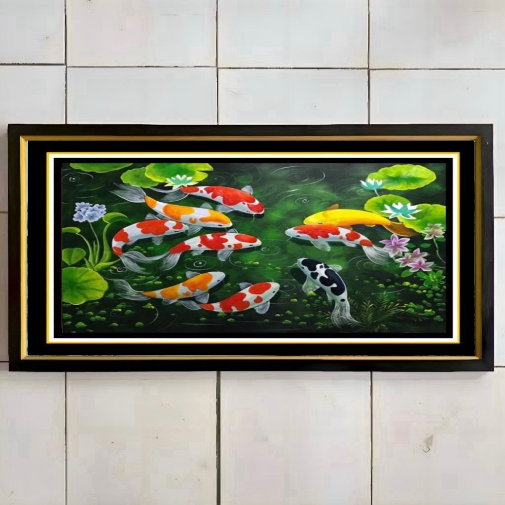 Hiasan dinding Pigura Lukisan cetak plus bingkai siap pasang gambar ikan koi berbagai ukuran  BISA C