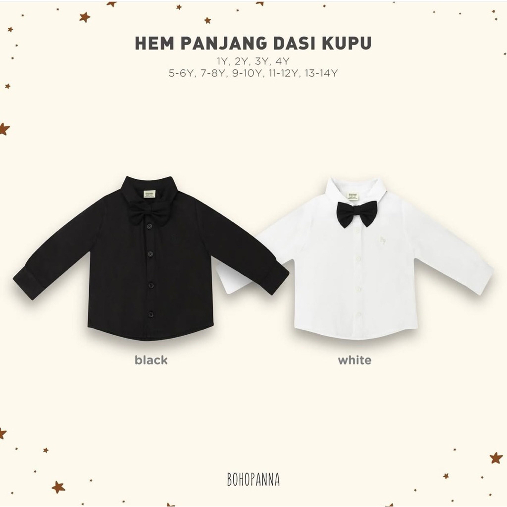 Bohopanna-Hem Panjang Dasi Kupu- Kemeja Putih dan hitam Lengan Panjang anak Laki Laki cr858