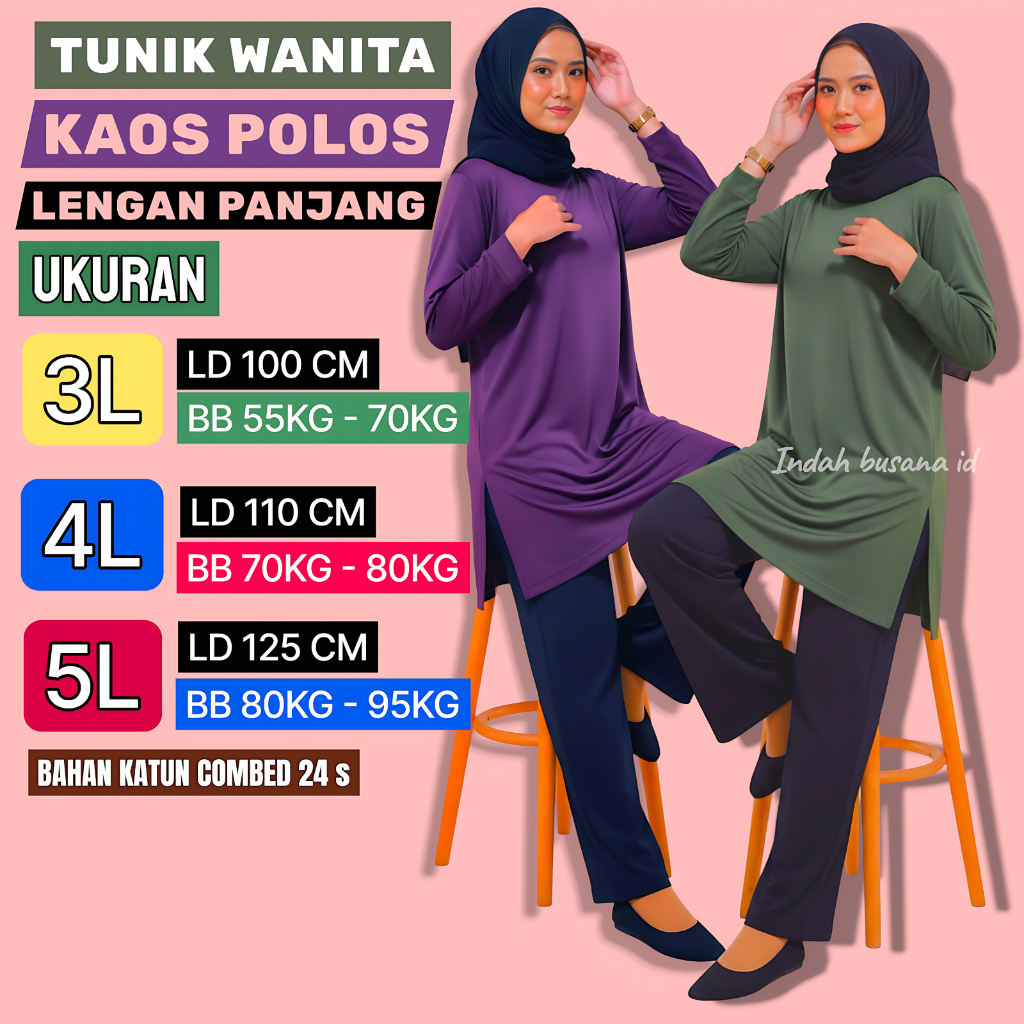 tunik kaos polos wanita muslimah lengan panjang dengan/bahan katun tunik kekinian