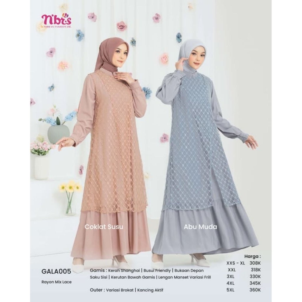 NIBRAS TERBARU GALA 005 ABU MUDA, COKLAT SUSU, GAMIS BRUKAT KEKINIAN