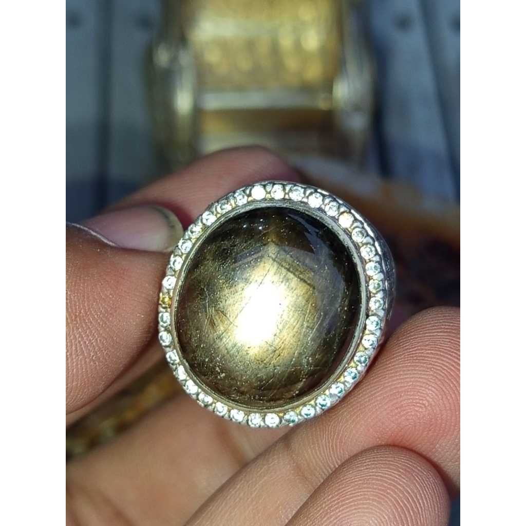 Natural Black Safir Star Big Size Ring Perak 925 HM Mewah