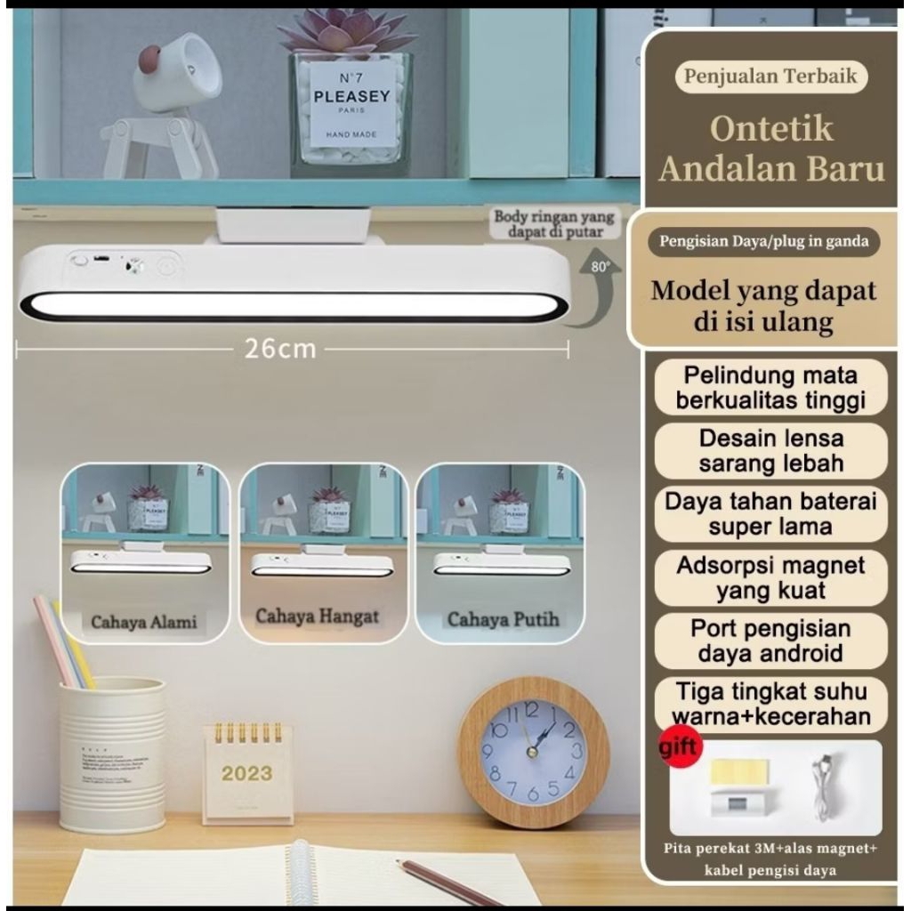 Lampu LED 3 Cahaya Magnetic / Lampu Belajar 26CM / Lampu Tempel Bawah Rak,Dinding