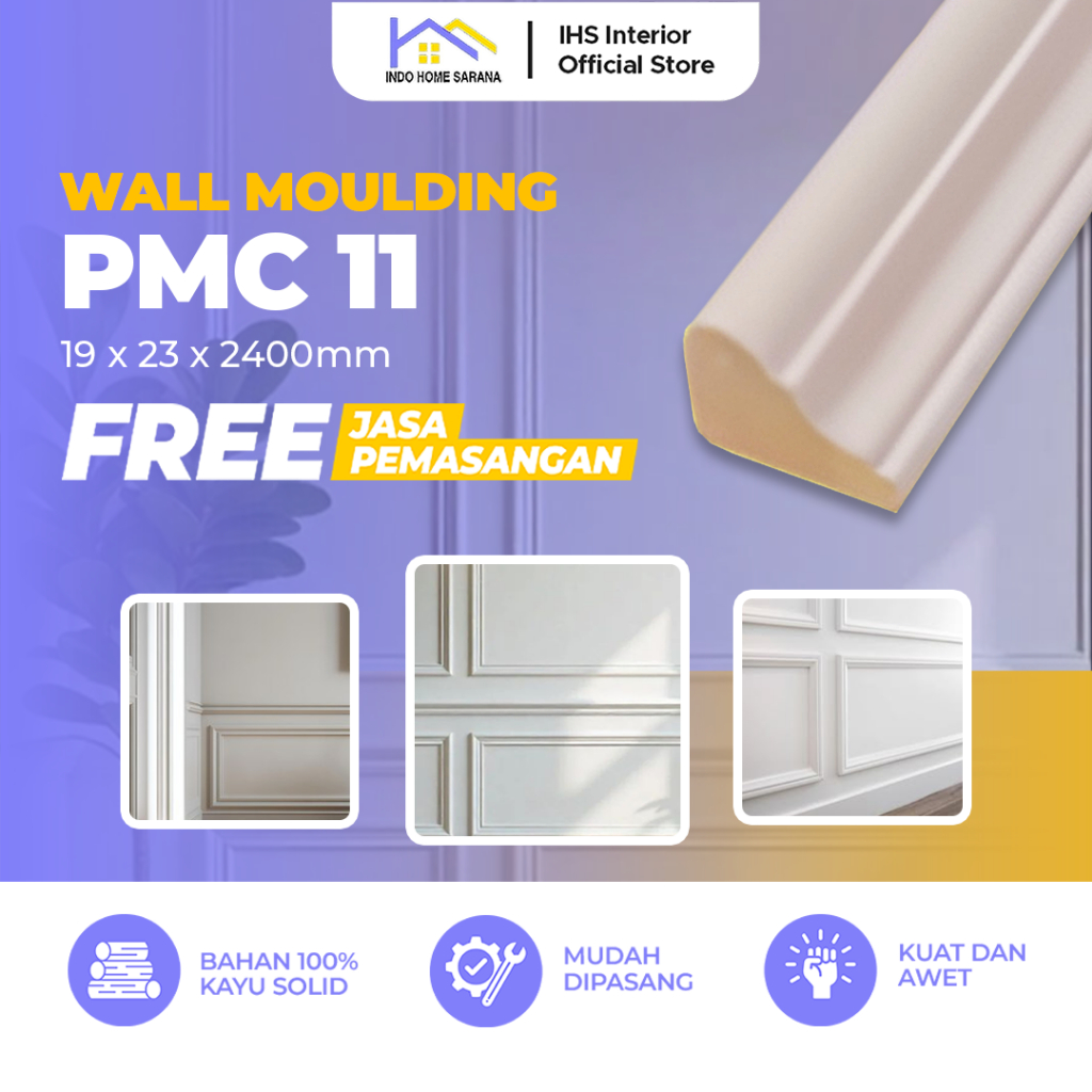 Jasa Pemasangan Wall Moulding Lis Kayu  PMC 11 Ukuran 19x23x2400mm - List Profil Dekorasi Dinding
