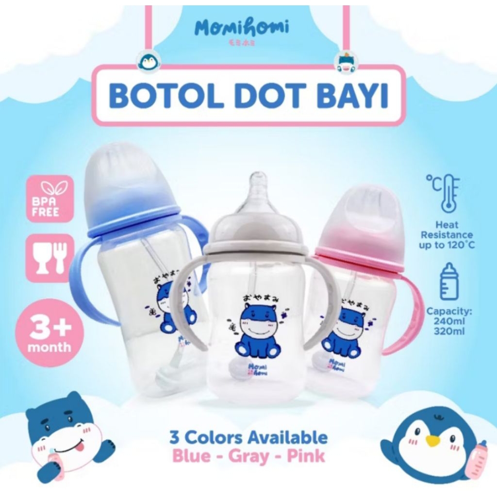 Momi Homi Dot Botol Cartoon Series pp04 240ml  / Botol Susu Bayi Wide Neck / Botol Momi Homi