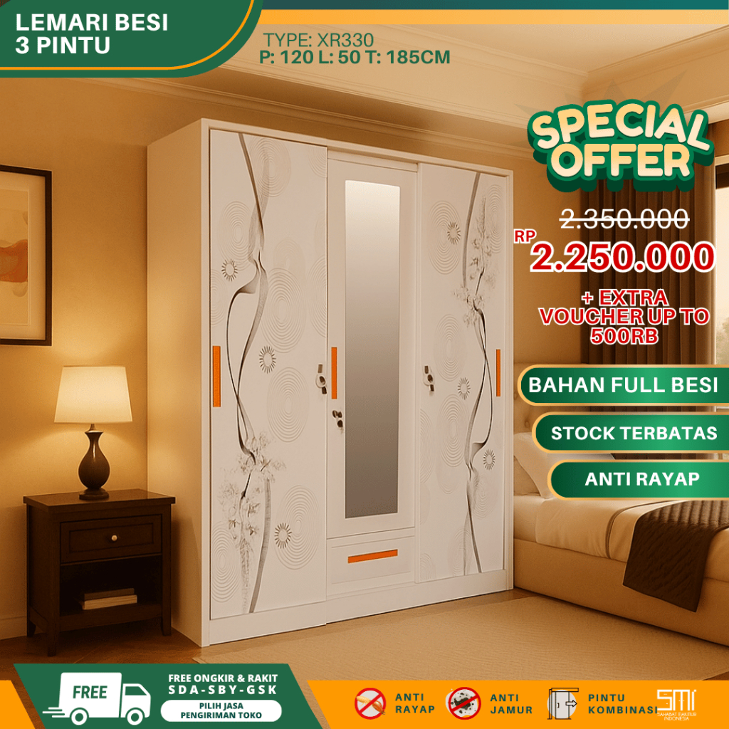 Lemari Besi 3 Pintu - Lemari Baju Lemari Pakaian Sliding Lemari Besi Sliding 120cm Almari Baju