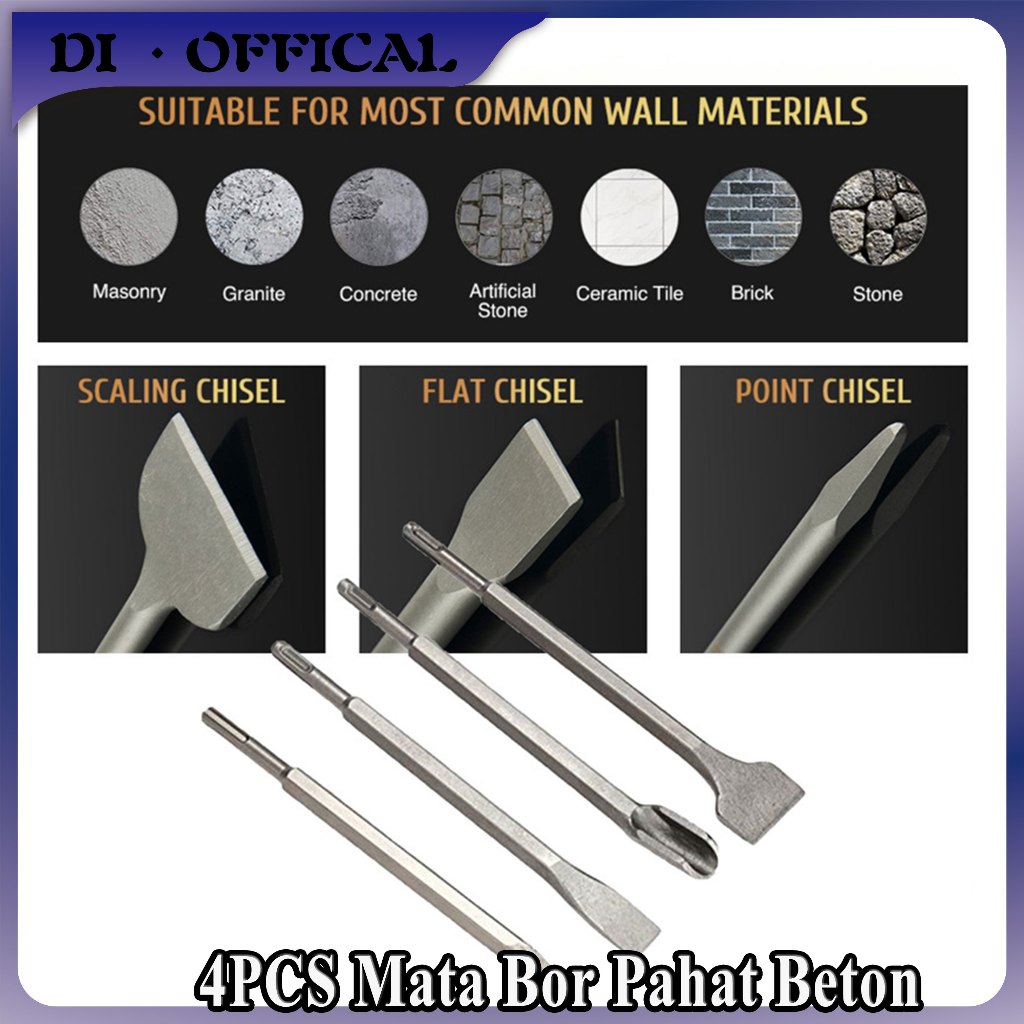 4PCS Mata Bor Pahat Beton SDS Pahat Flat Chisel Bobok Beton Tembok