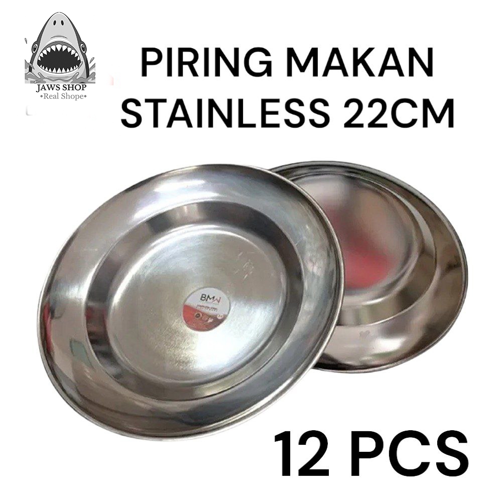 12 PCS BMW Piring Makan Stainless 1 Lusin 22 CM / Piring Stainless Tebal