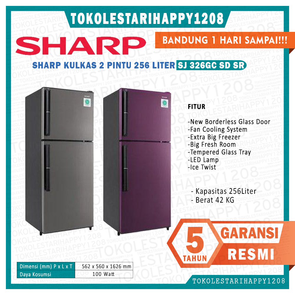 Kulkas 2 Pintu Sharp 256 Liter SJ-326GC-SD/SR Low Voltage System Bandung Kurir Toko 1 Hari Sampai