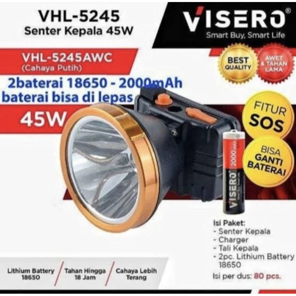 VISERO VHL-5145 Senter Kepala Cas 45W Headlamp Rechargeable Putih / Kuning