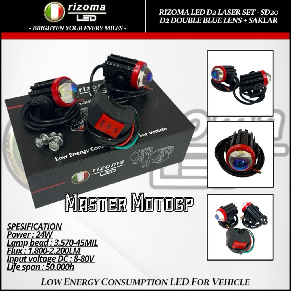 RIZOMA LED D2 Laser Set - SD20 D2 Double blue lens + saklar Lampu proyektor Lensa biru Universal ADV