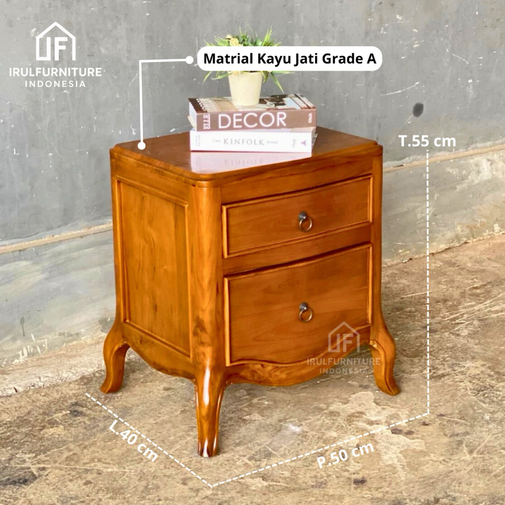 Meja Nakas Sampinh Dipan Kayu Jati – Meja Samping Tempat Tidur Desain Klasik Elegan 2 Laci | IFI-79