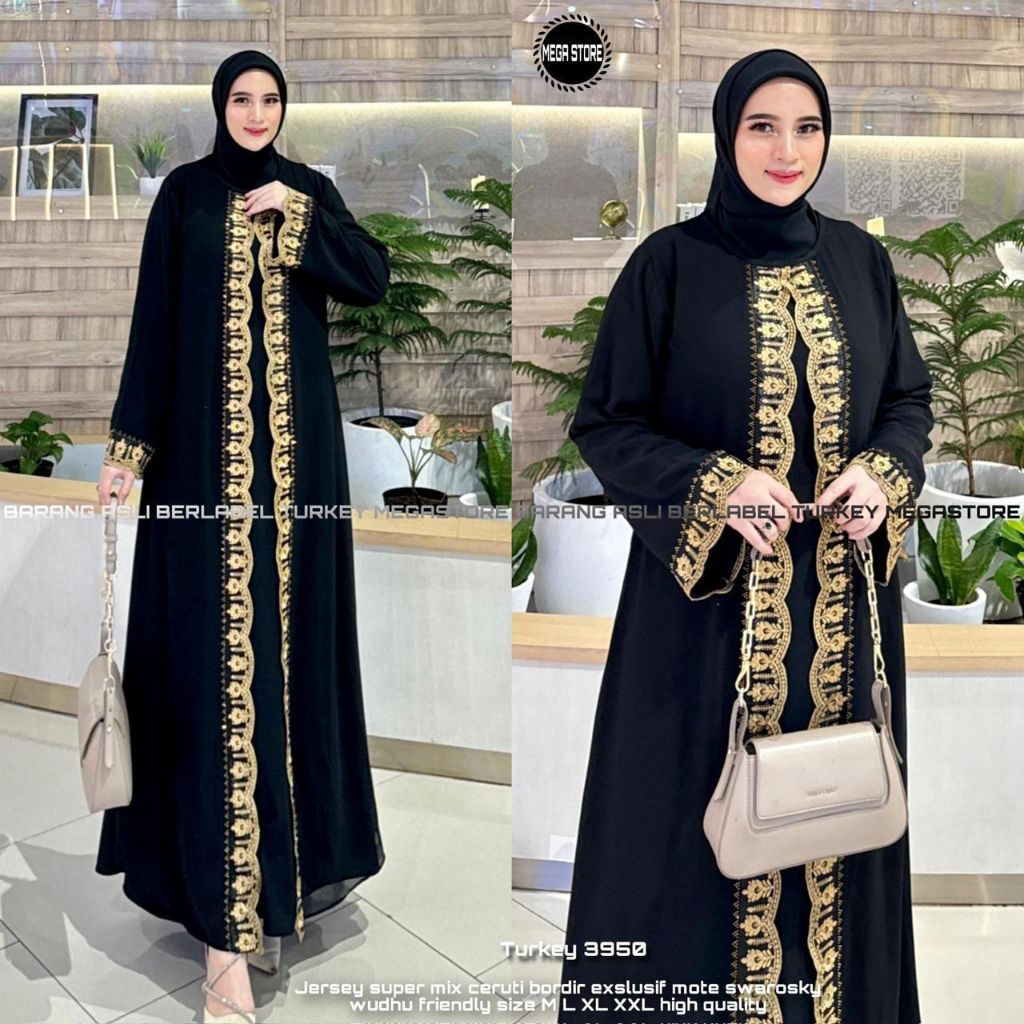 GAMIS ARABIAN SIZE M - XXL TURKEY #3950 DRESS LEBARAN WANITA MUSLIMAH HIJAB ANGUN POLOS HITAM BORDIR
