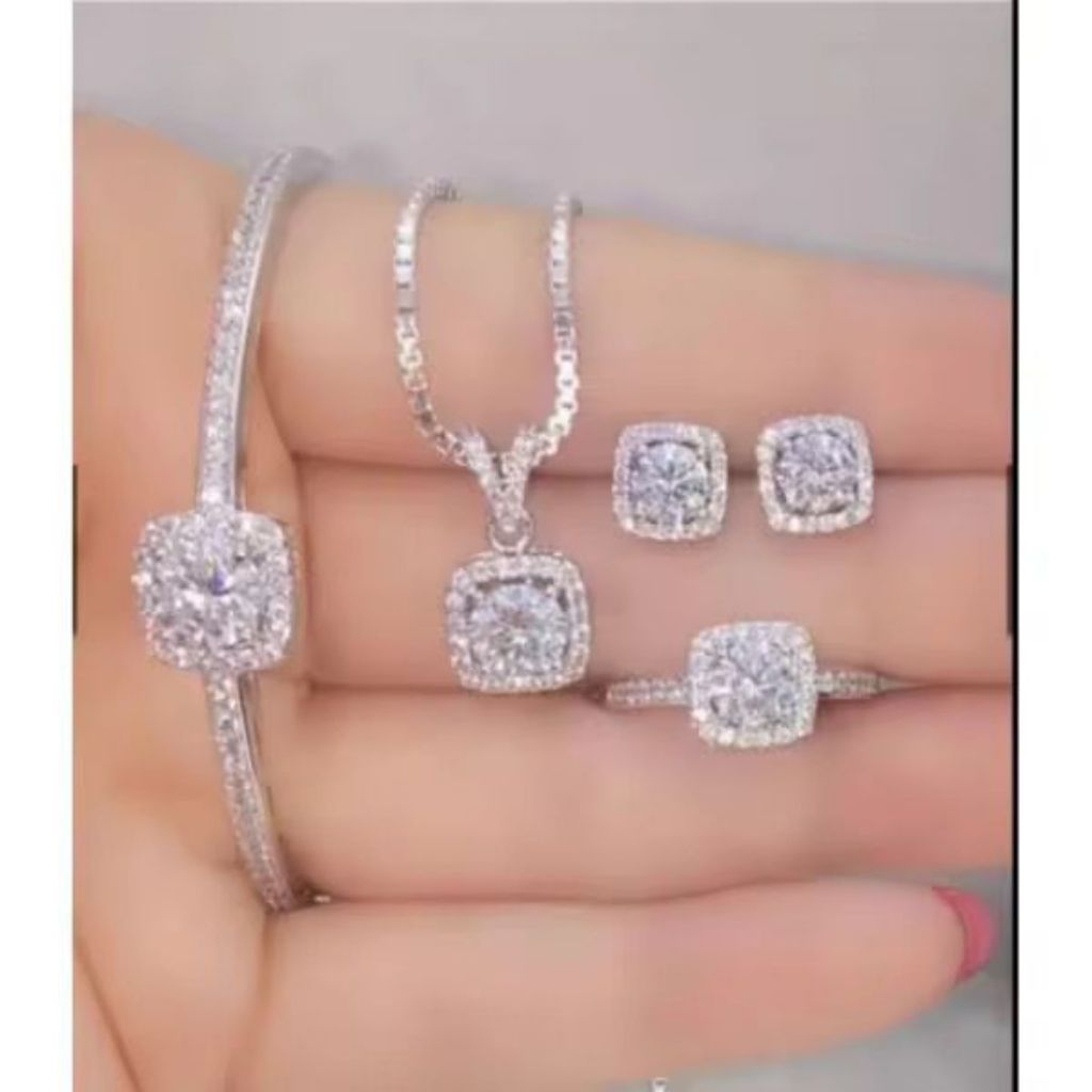 satu set perhiasan titanium perak asli fashion wanita elegan