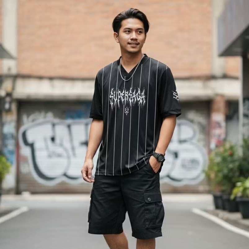 Apodeixis - Kaos Jersey Oversize SUPERSAGA Hitam Salur Pria Wanita Streetwear Jersey Pria Baseball O