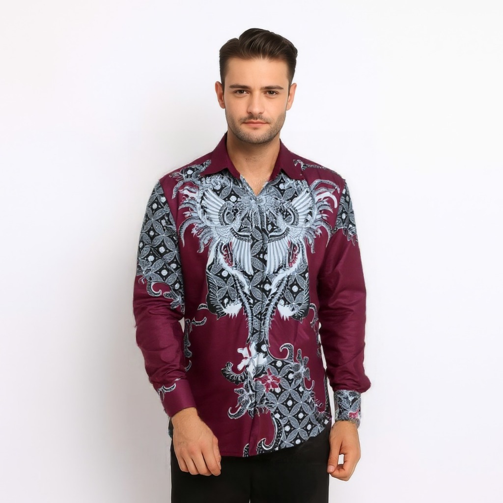 Kemeja Batik Pria Slim Fit Lengan Panjang Maroon