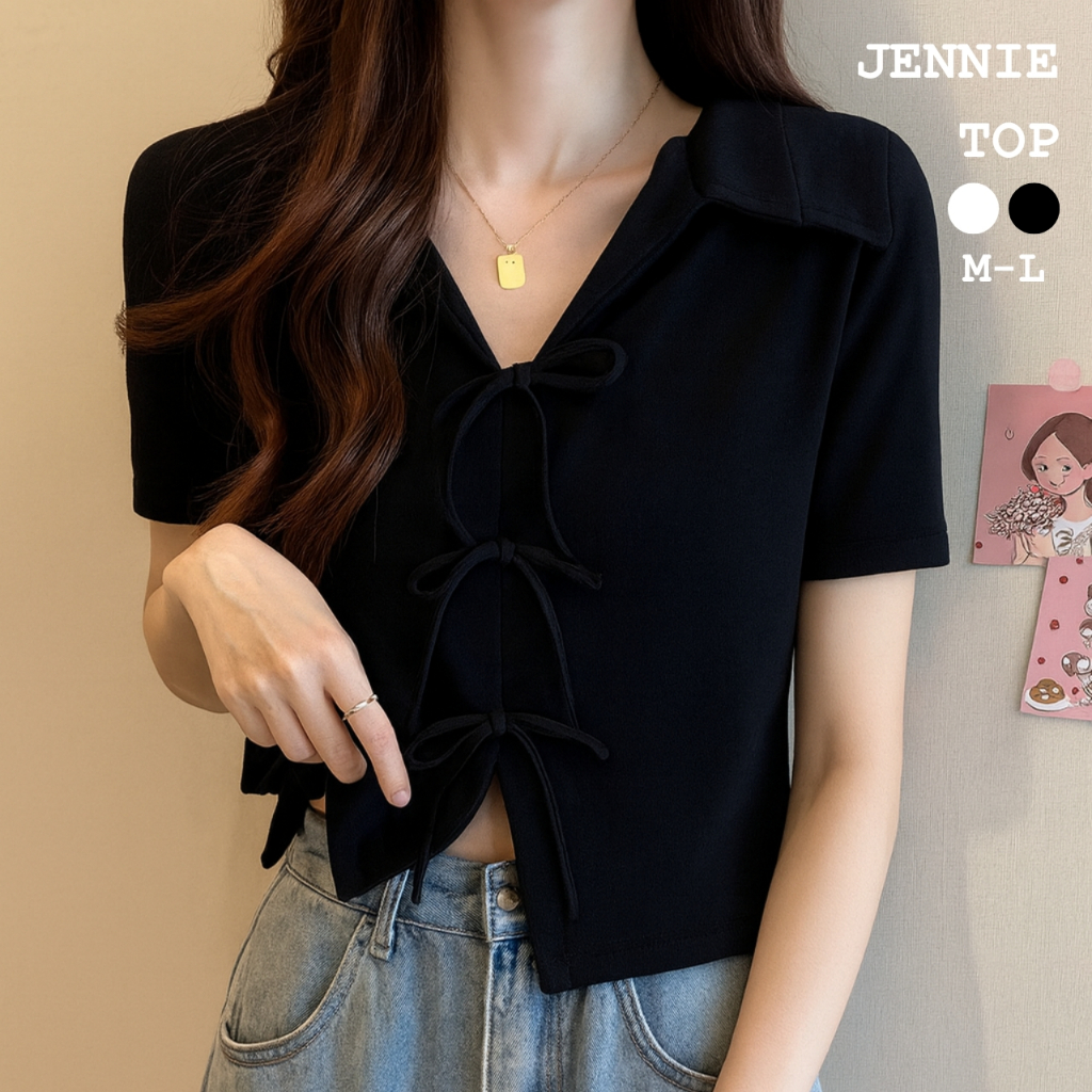 Jennie Top Atasan Wanita Lengan Pendek Black Shirt V-Neck Butterfly Pendek T-Shirt Black | Fashion T
