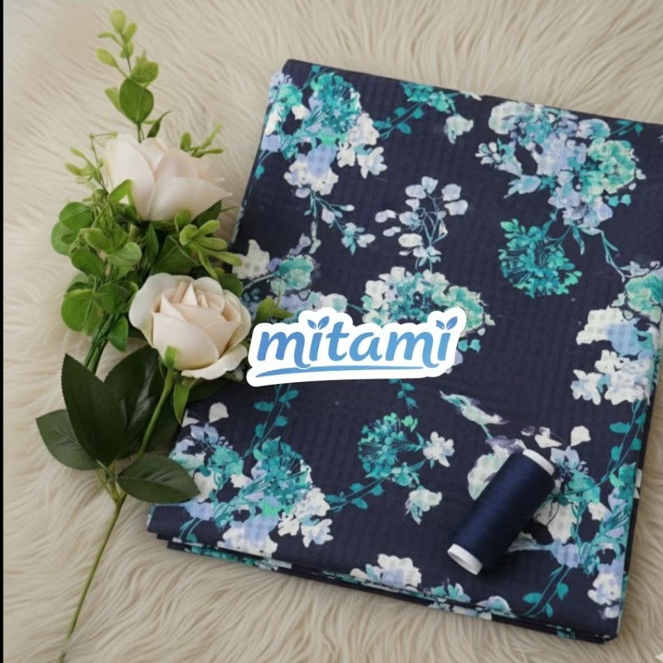 Kain Sifon Dobby Motif Bunga Floral Navy Biru Dongker Meteran Bahan Gamis Dress Blouse Premium Impor