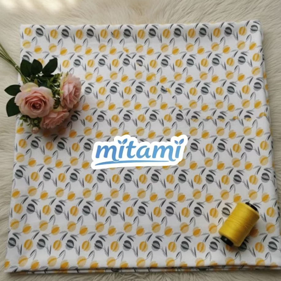 Kain Katun Silky Motif Bunga Tulip Kuning Abu | Bahan Dress Piyama Meteran Adem (Harga Kain Per½ Met