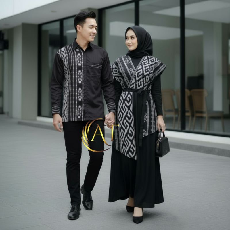 Baju Tenun Couple Batik Gamis Wanita Kemeja Pria Lebaran Kondangan Pernikahan Model Terbaru Modern
