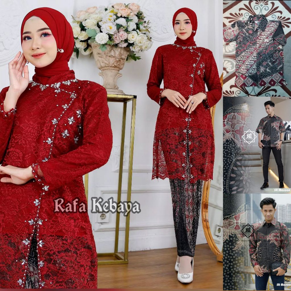 Cuople Kebaya Brokat Janggan Maron/ Set Kebaya Brokat Payet/Couple Kemeja Batik Motif Sr Maroon