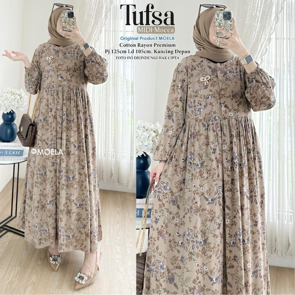 Midi dress katun twill rayon original Moela casual midi motif bunga