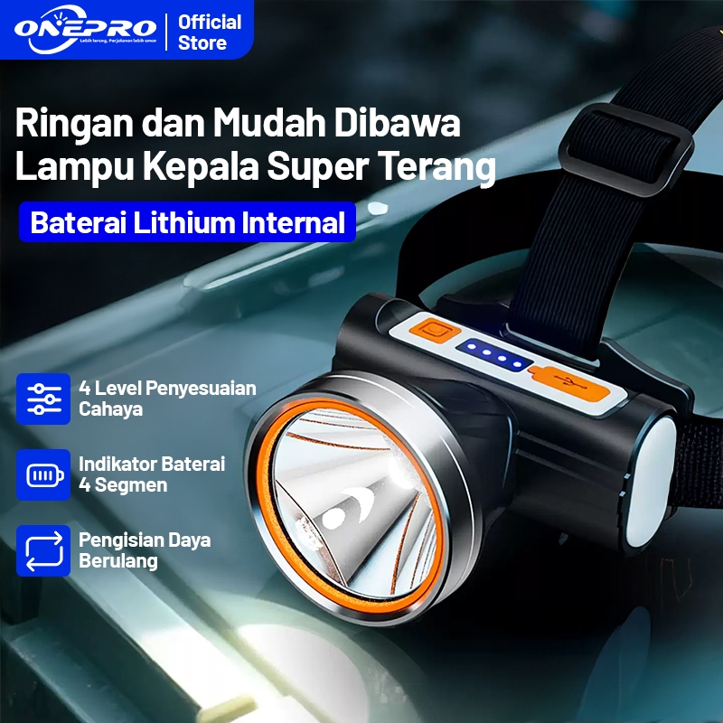 ONEPRO T15   Senter Kepala /18W 3000 mAh/Super Terang   Senter Kepala Mini   Durasi baterai hingga 8