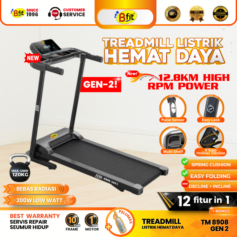 (SEMARANG) Treadmill Elektrik BFIT 8908 Multifungsi Murah Listrik Lipat Portable Low Watt Fitness
