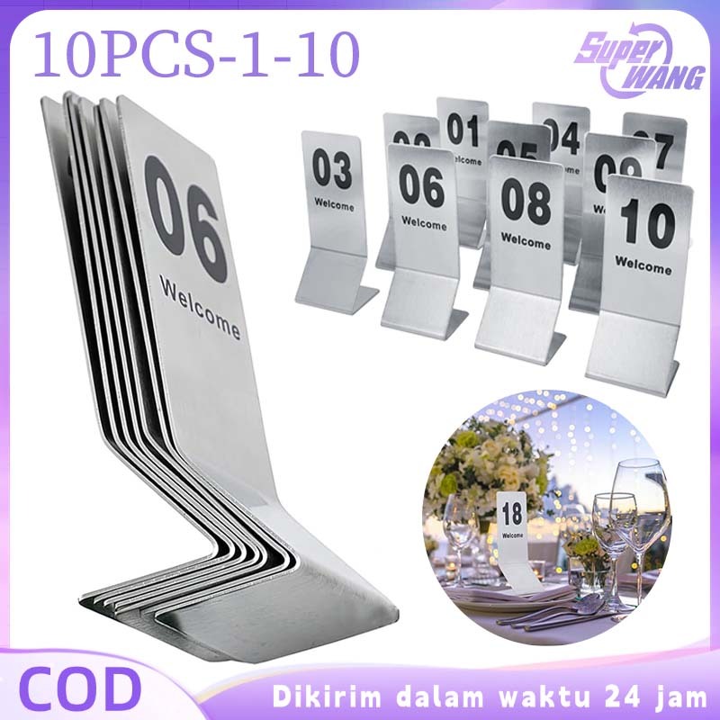 10pcs Nomor Meja Stainless Nomor 1-10 Nomor Meja Cafe Nomor Meja Restoran Stand Nomor Meja