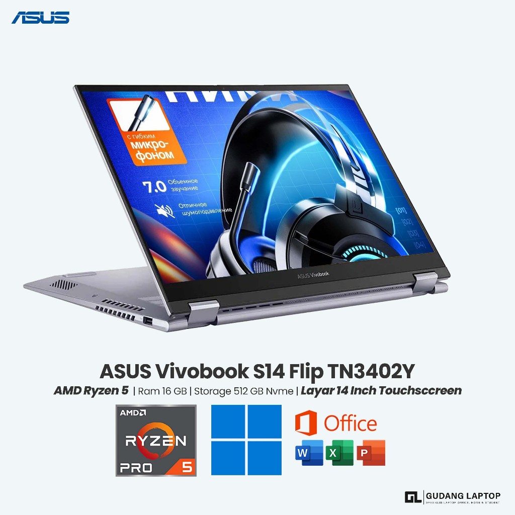 Laptop 2 in 1 ASUS Vivobook S 14 Flip AMD Ryzen 5 7530U Ram 16 GB SSD 512 GB Layar 14 Inch Touchscre