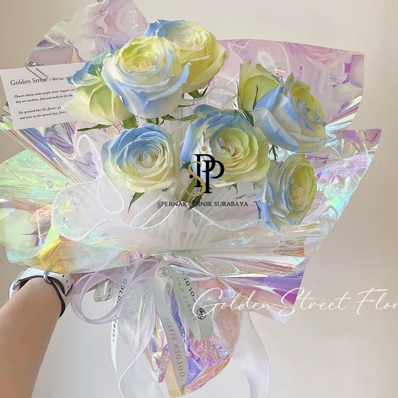 5-20 LEMBAR KERTAS BUNGA HOLOGRAM PELANGI WARNA WARNI SILVER/WRAPPING PAPER/ WRAP BUNGA/FLOWER WRAP/