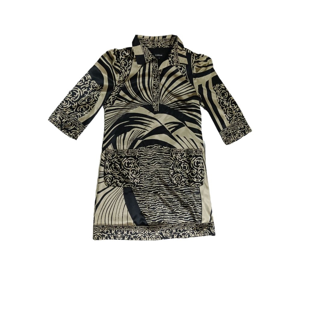 Tunik Dress Wanita Second Motif Abstrak Hitam Cream Satin Elegan