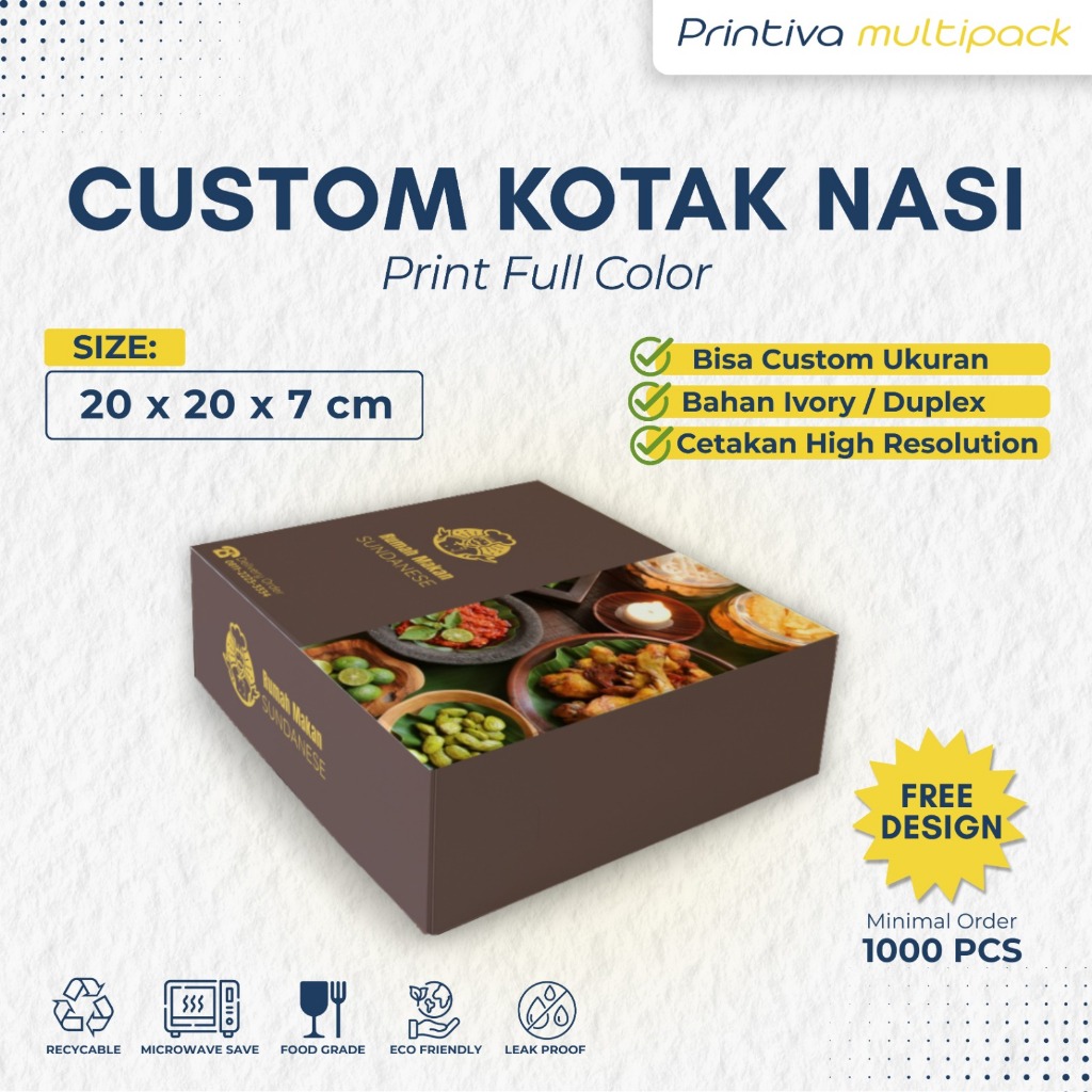 Cetak Custom Dus / Kotak Nasi uk. 20 x 20 x 7 cm (sambung) Full Color