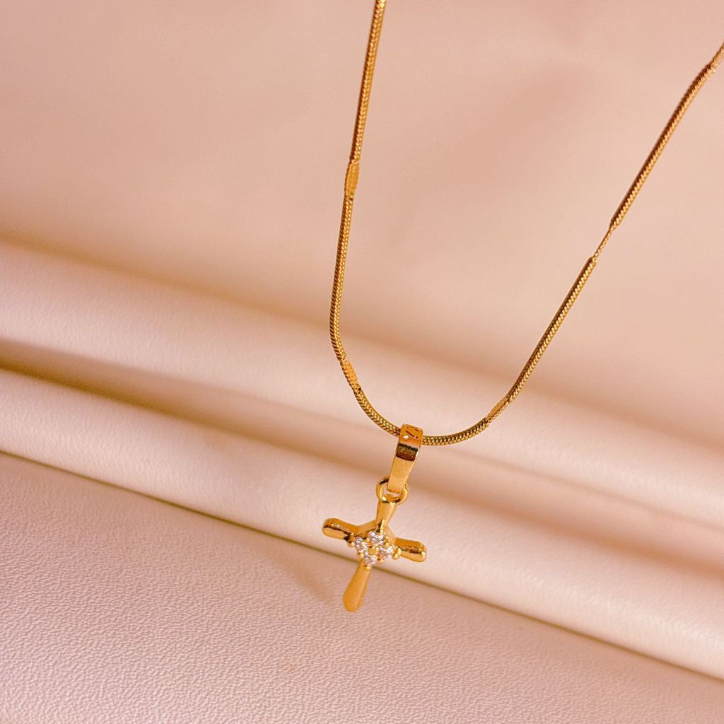 Kalung Wanita Titanium Xuping Permata Salib Rantai Belut Cantik Lapis Emas panjang 45/50/60cm