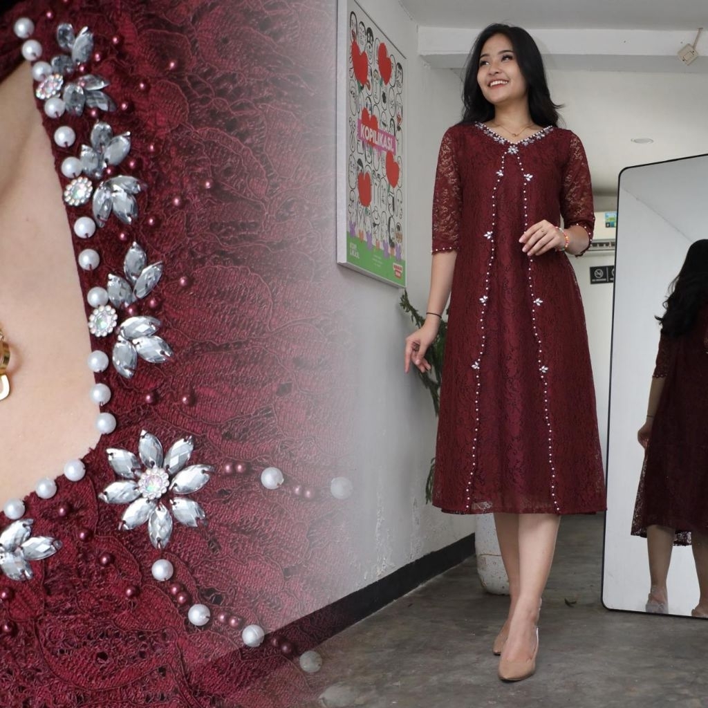 DREES Terbaru Gabriela Mix Payet Dres Brokat MIDI Natal Drees Terbaru Tahun Baru Natal Dres Wanita M