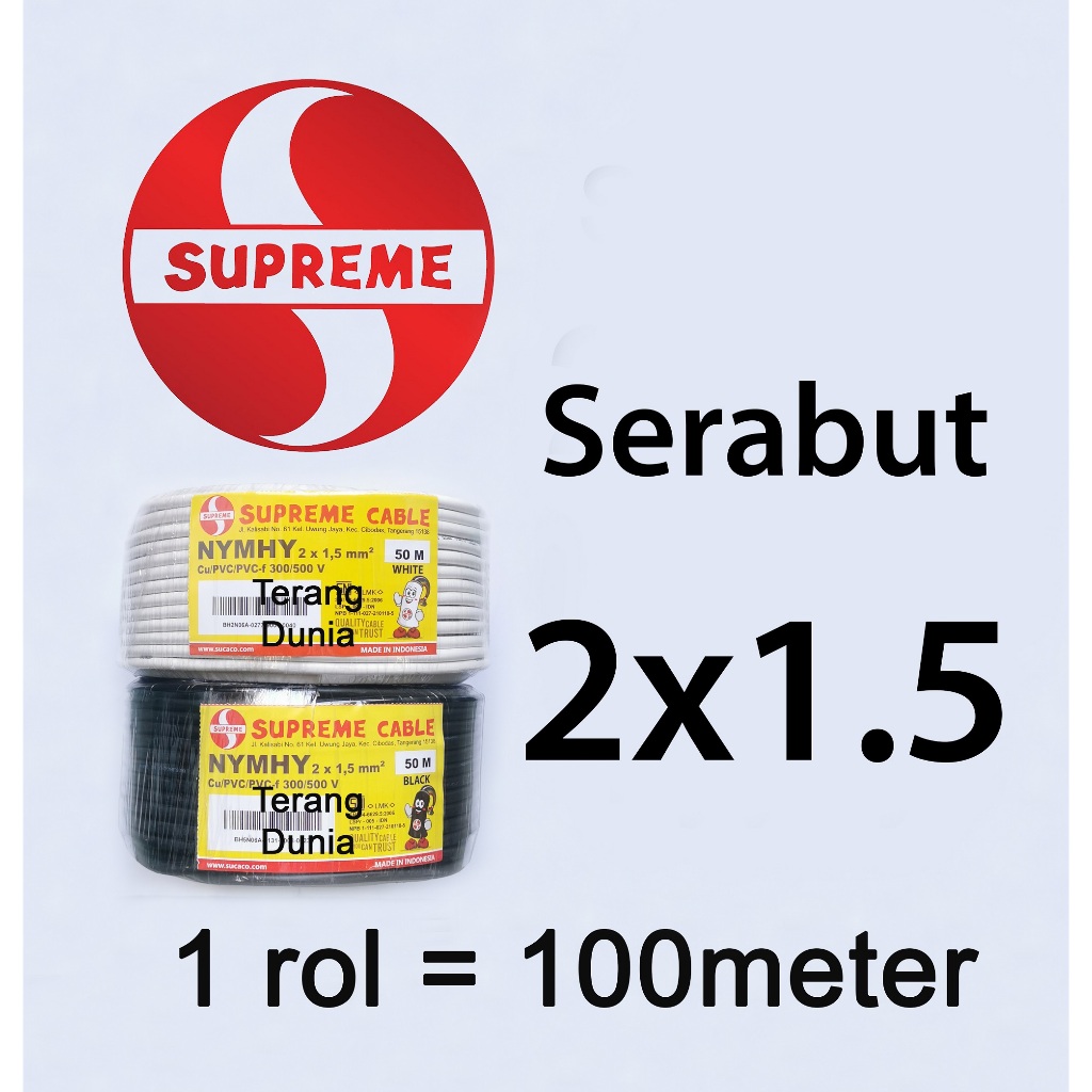Kabel Serabut 2x1.5 Supreme 100meter 1 rol Nymhy 2x1.5 100m Supreme Nymhy 2x1.5 100m Serabut 2x1.5 S