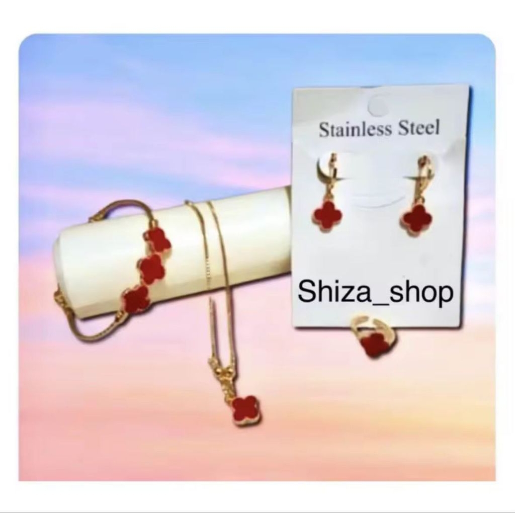 set  perhiasan cantik merah clover titanium