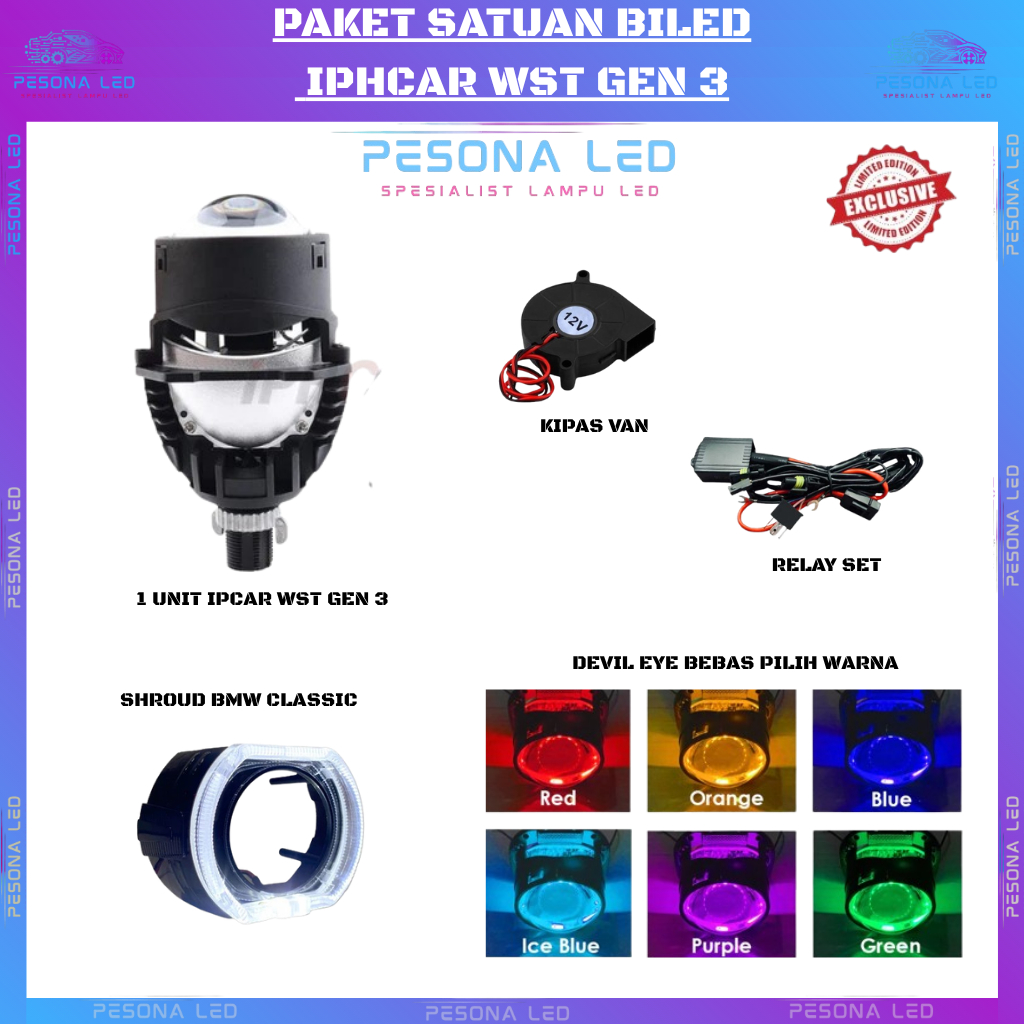 PAKET HEMAT SATUAN BILED Lampu BILED IPHCAR GEN 3 WST SUPER LASER 60W 2.5 INCH projector mobil motor