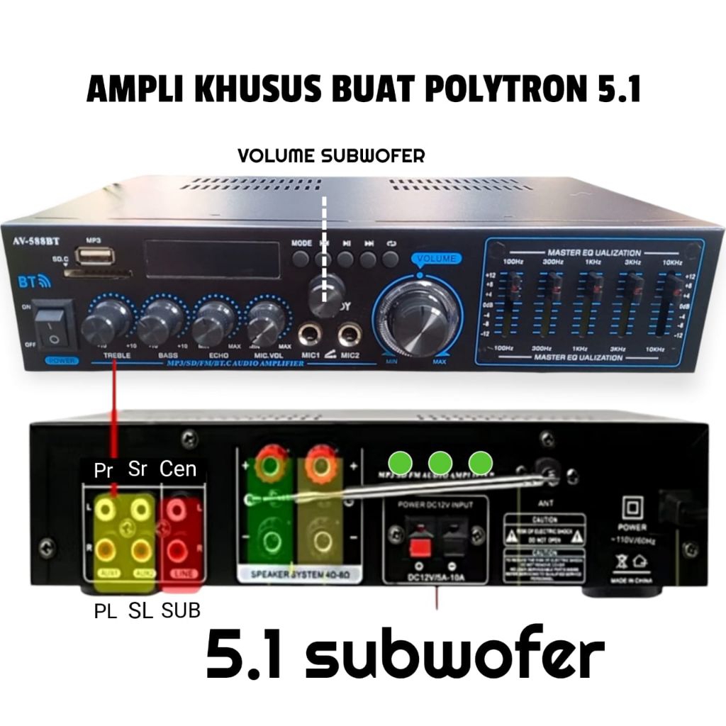 Amplifier bluetooth untuk speaker polytron 5.1 subwofer