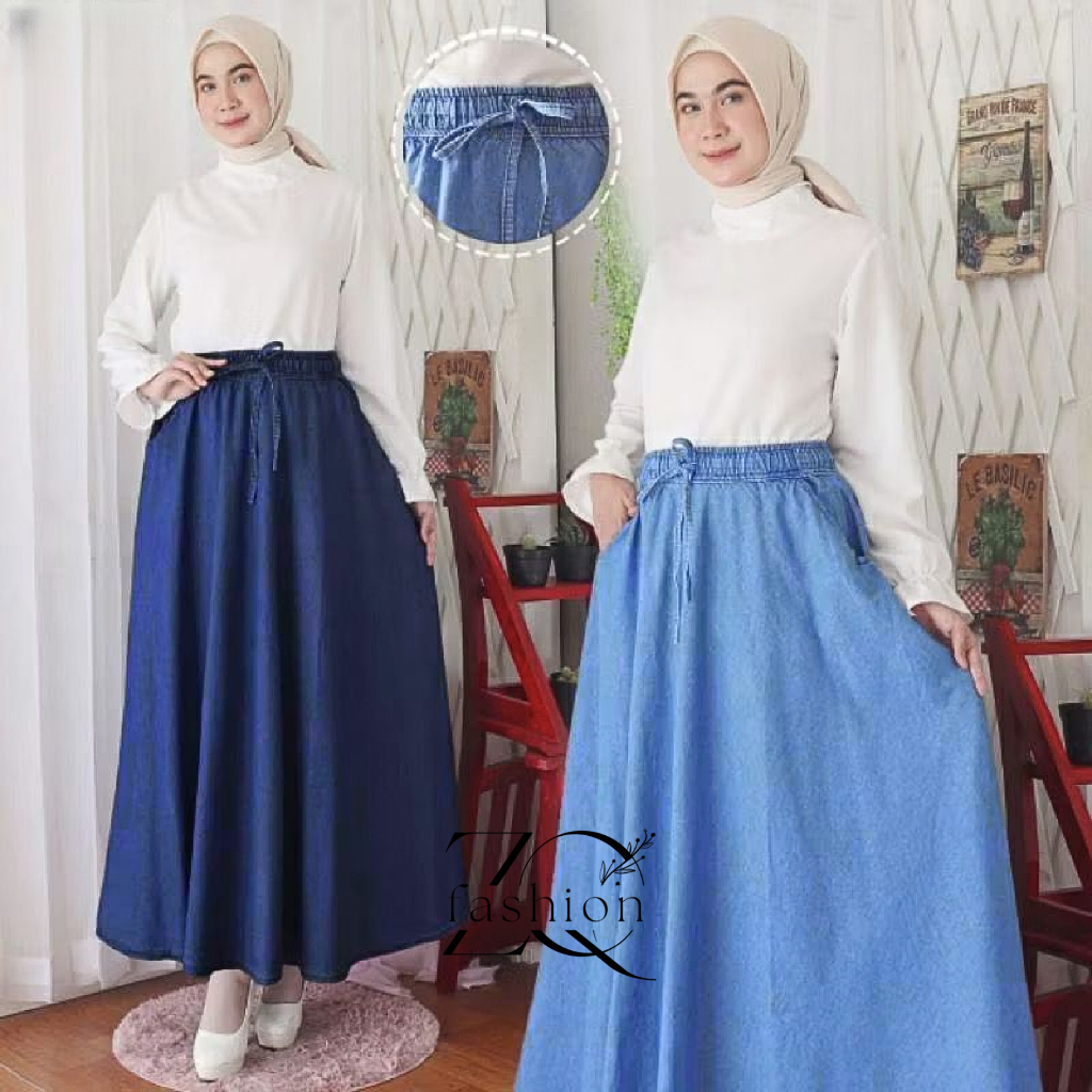Rok Jeans Pinggang Karet Tali Serut Wanita