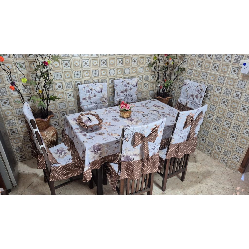 Sarung  Kursi Makan Cover Sandaran 6 set Taplak Meja Makan