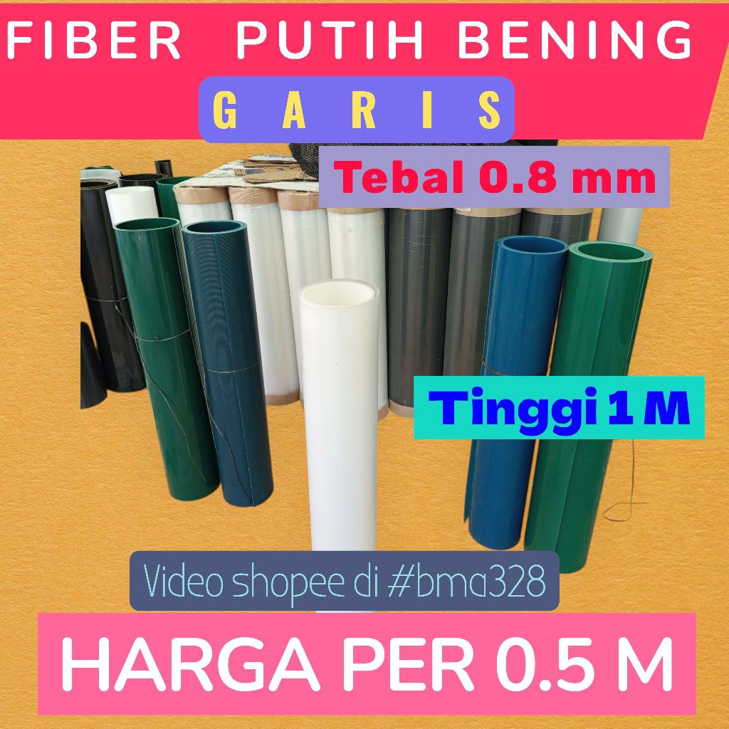 bma328  FIBER Putih Bening GARIS, TEBAL 0,8 mm, tinggi 1 M. FIBER PLASTIK  PENUTUP PAGAR , HARGA PER