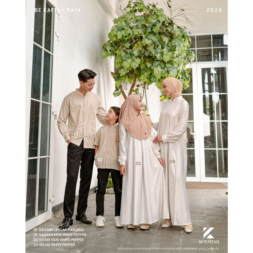 BE KAFFAH RAYA 2026/SARIMBIT SELMA SALMAN/SARIMBIT 2026/OUTFIT KELUARGA/OUTFIT LEBARAN 2026