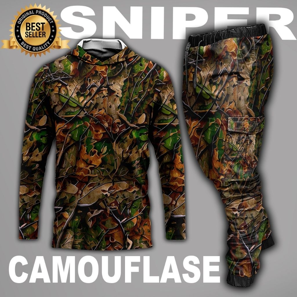 setelan baju camo berburu/1 set pakaian camo hunting/ set baju dan celana camo berburu