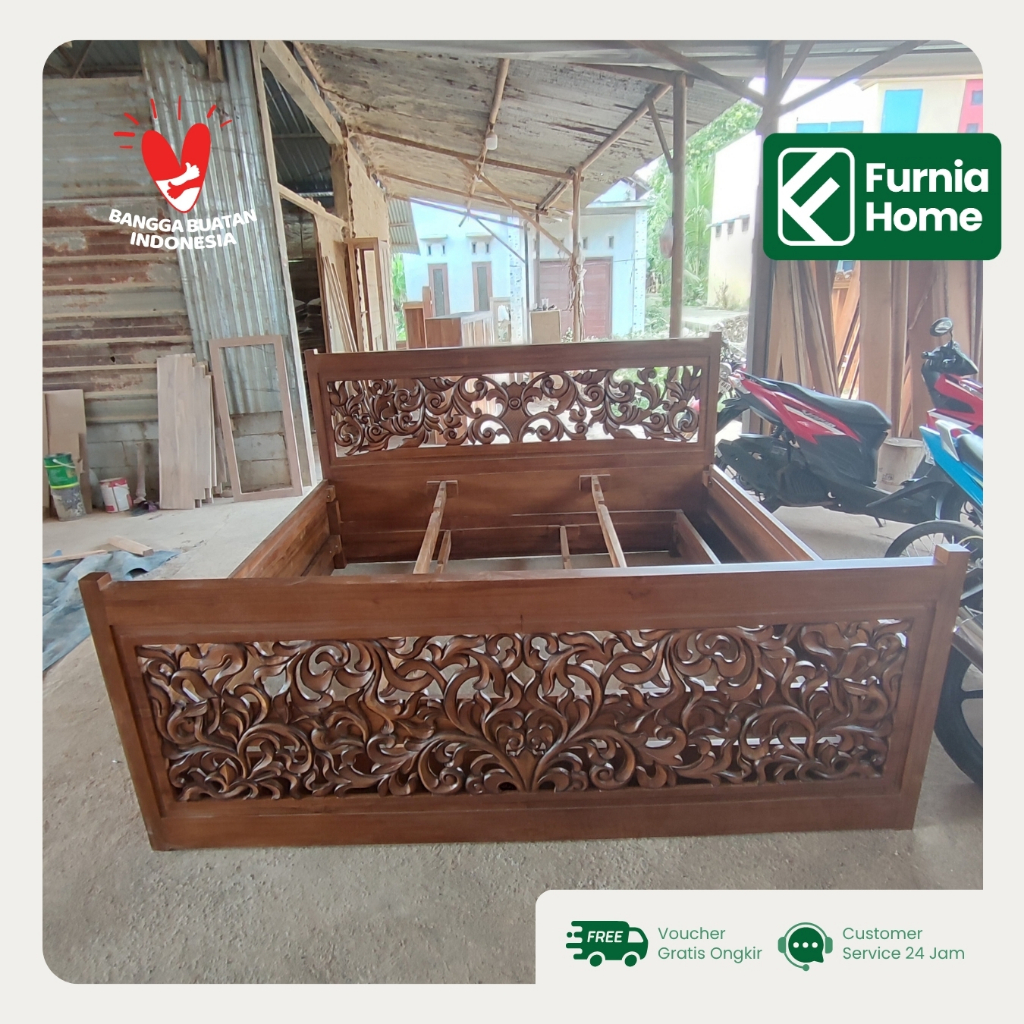 Dipan Tempat Tidur Ranjang Kayu Jati Mix Rotan Storage Bed