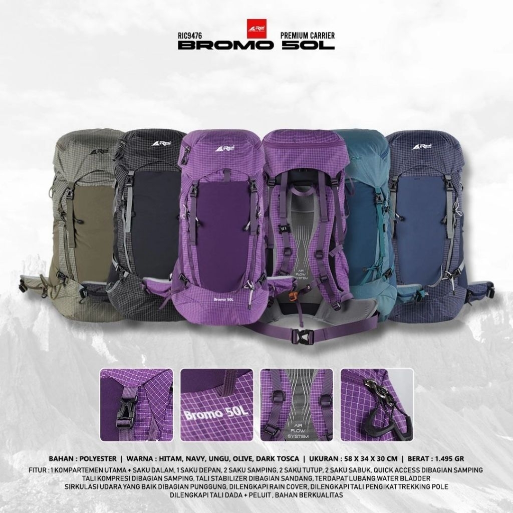 Tas Gunung Arei Carrier Premium Bromo 50 Liter Arei Outdoorgear Carrier Wanita Ultralight