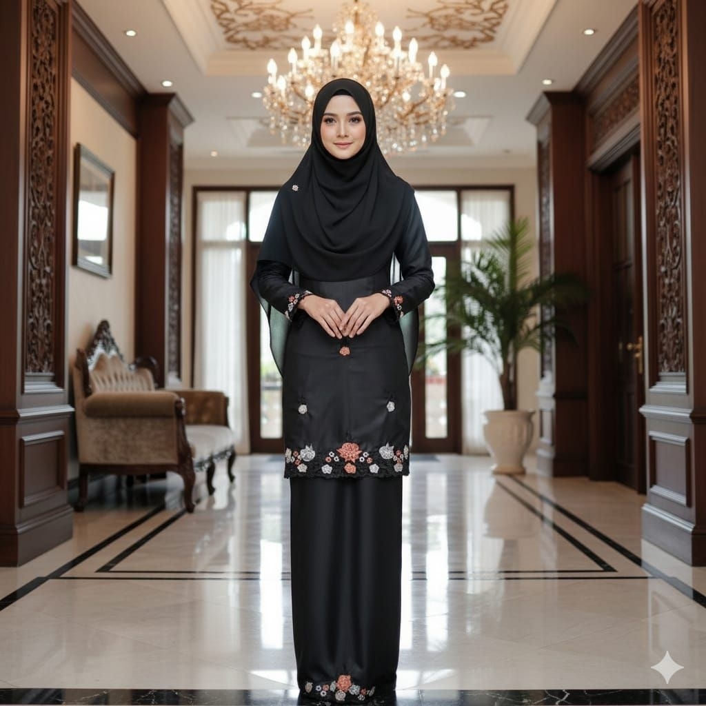 bahan stelan baju kurung di bordir kerancang mesin hitam