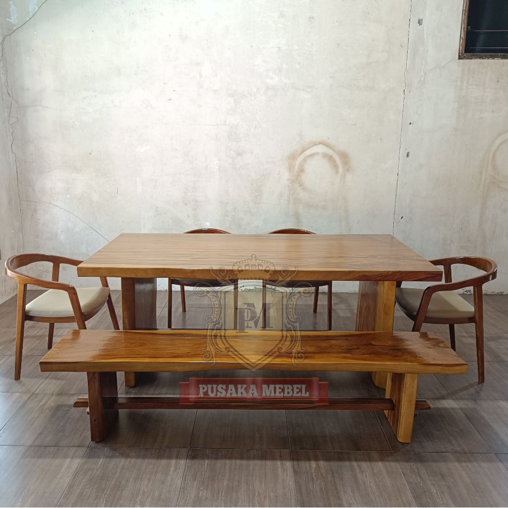 set meja makan jumbo kayu solid, meja makan set 6 kursi jumbo kayu alami solid