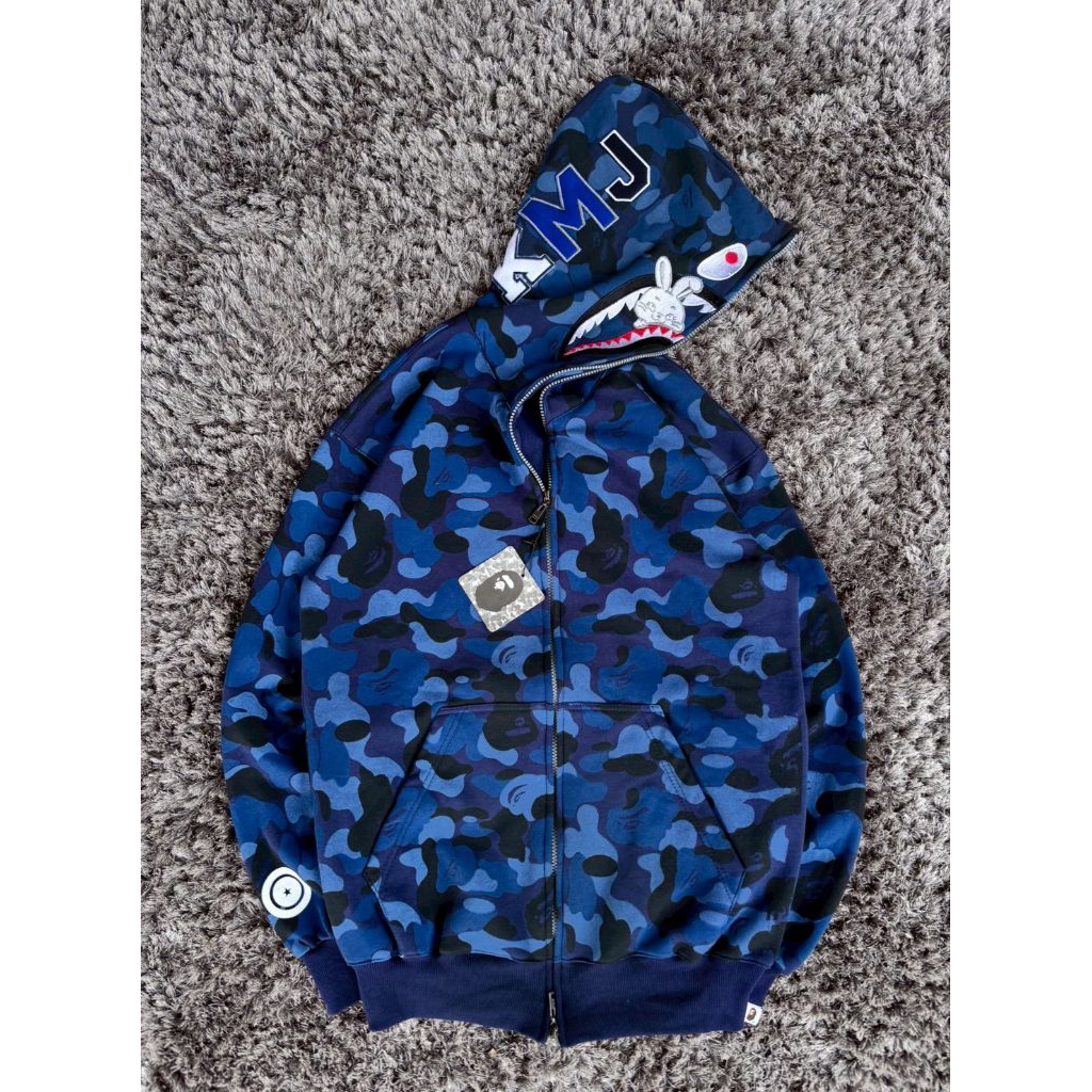 Hoodie Zipper Bape Sharks New Jeans kelinci Casual Kekinian Terlaris fulltag Fullprint Pria Wanita